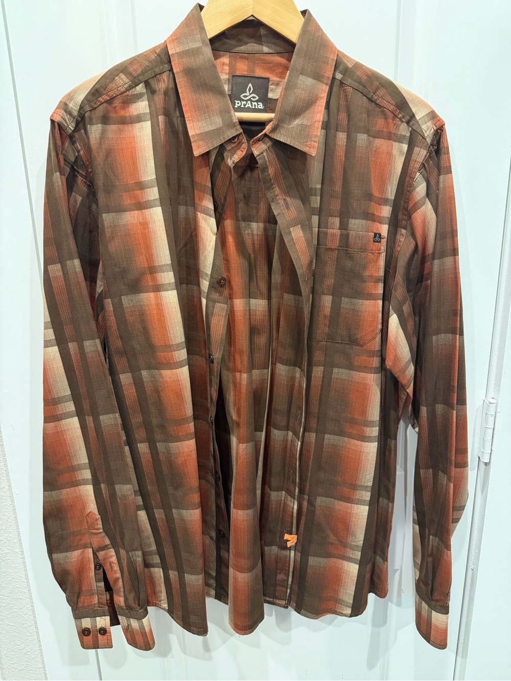 Prana Plaid Button-Up Shirt in Brown, Orange & Cream